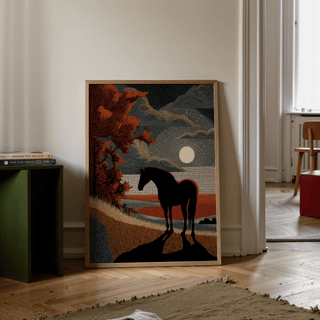 Horse Silhouette Art Print over a sloped foreground with long shadow