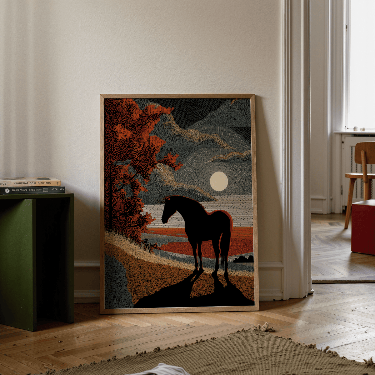 Horse Silhouette Art Print over a sloped foreground with long shadow