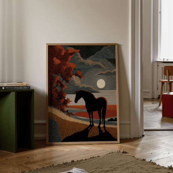 Horse Silhouette Art Print over a sloped foreground with long shadow