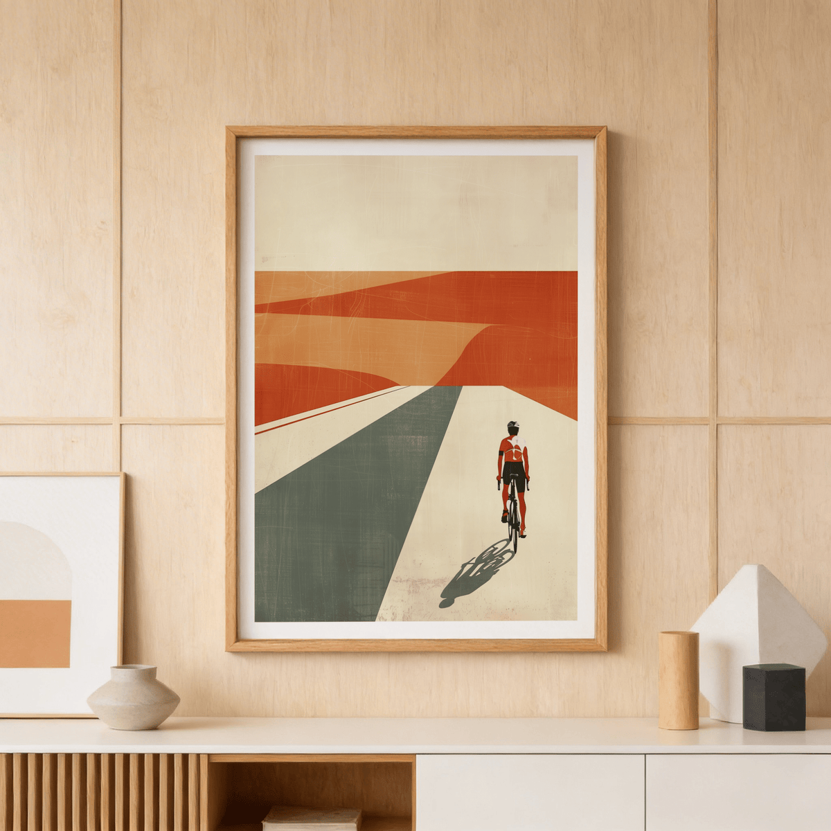 Cycling Landscape Print wall art with layered hills and long shadows