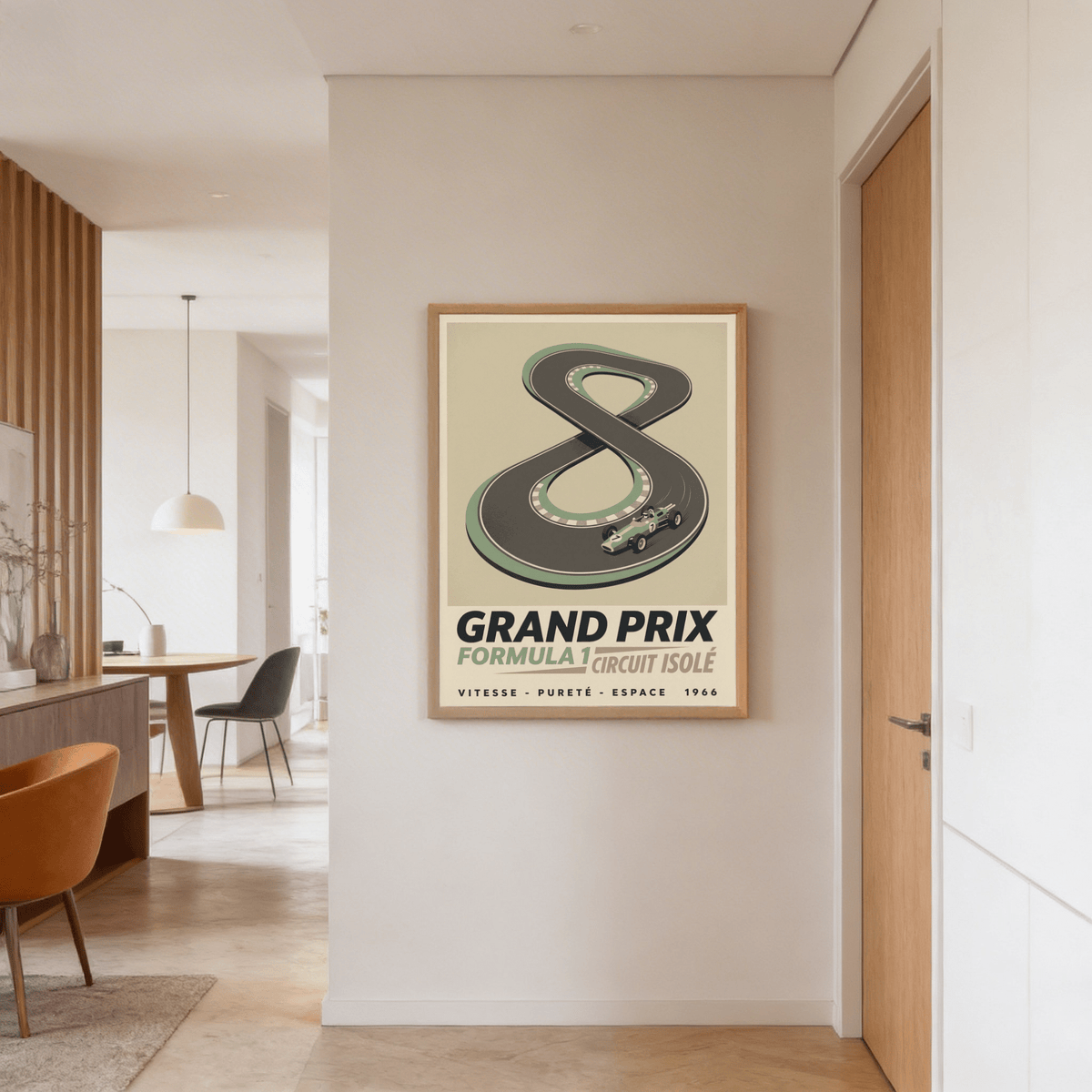 Graphic racing circuit poster with curved roadway and striped corners