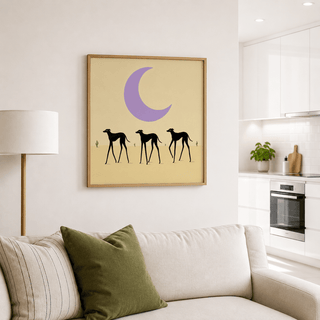 Night sky poster featuring a large crescent moon above three dog silhouettes