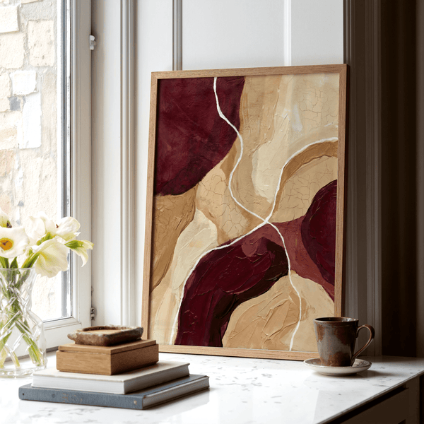 Red, brown, beige Abstract Burgundy Print, modern wall art for home office