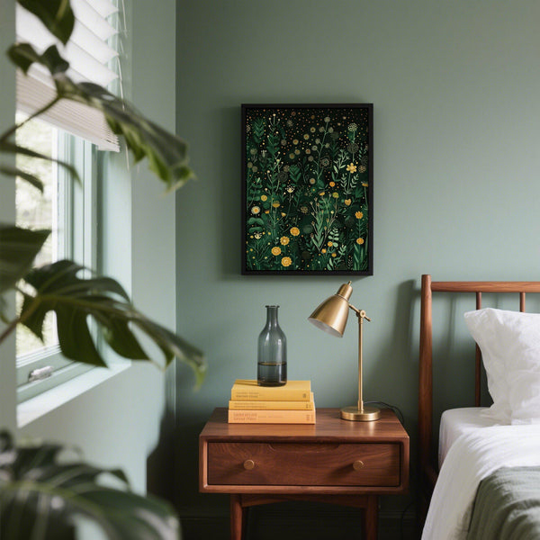 Botanical green decor featuring delicate yellow blooms and leafy stems.