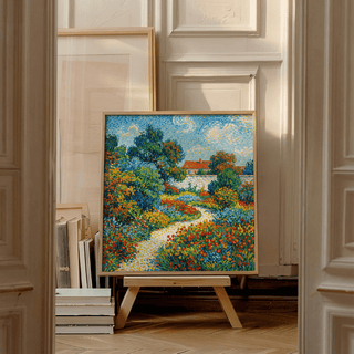 Colorful Flower Garden Print showing lush Blue and Green landscape, art print for study