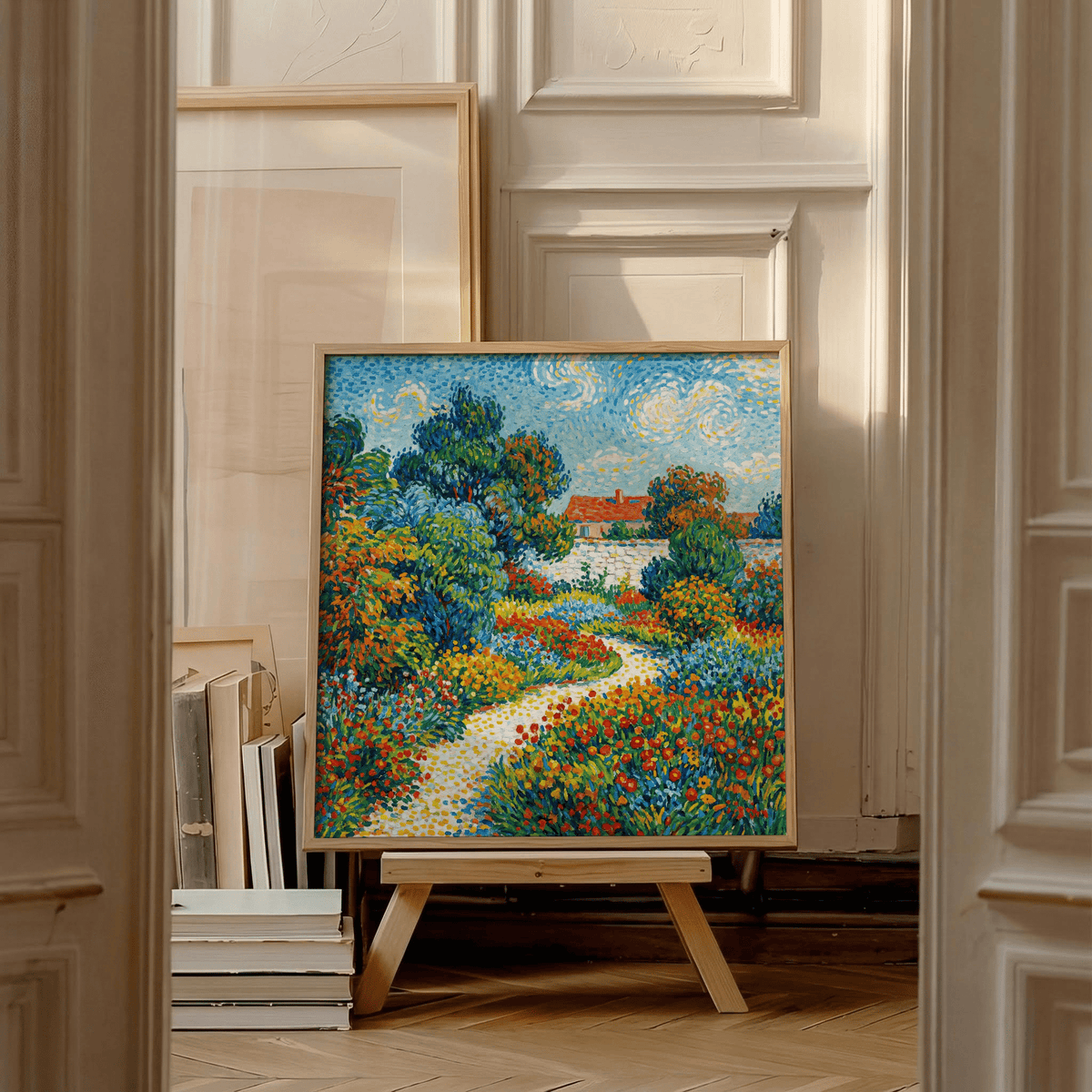 Colorful Flower Garden Print showing lush Blue and Green landscape, art print for study