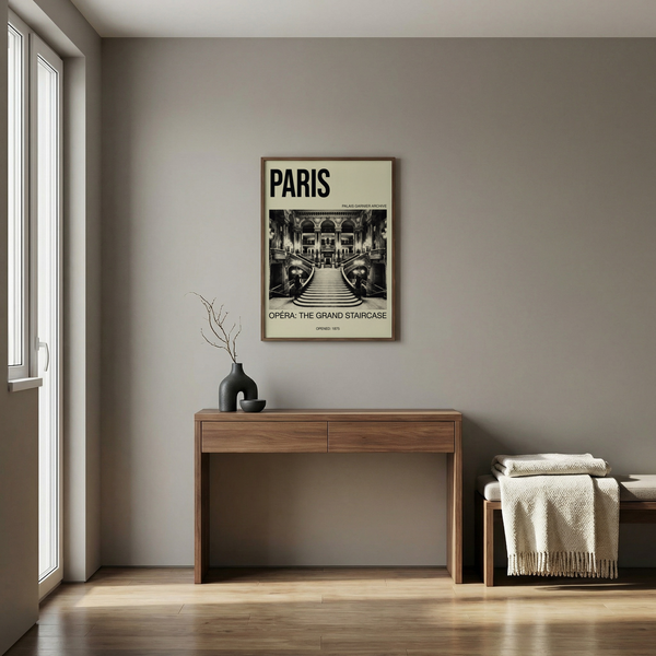 Monochrome architecture poster print showing curved staircase and arched hall