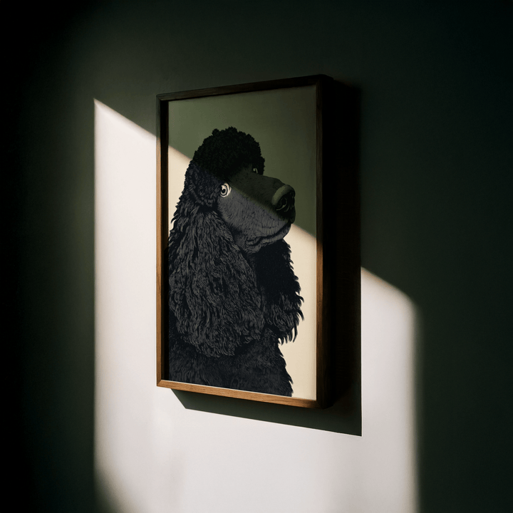 Poodle Art Print framed close-up showing a black poodle illustration in natural light