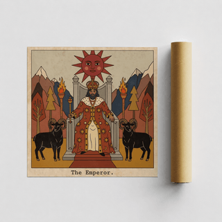 Symmetrical throne scene art print featuring rams, torch flames, and sun motif