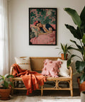 Resting Frida in Frida Kahlo Art Prints, framed by tropical flora and vintage textile patterns.