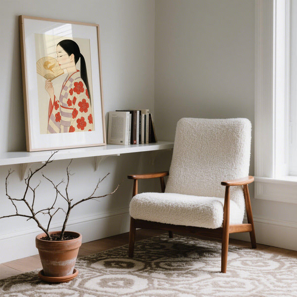Japanese girl in striped and floral kimono holding a fan, illustrated in Modern Japanese Art.