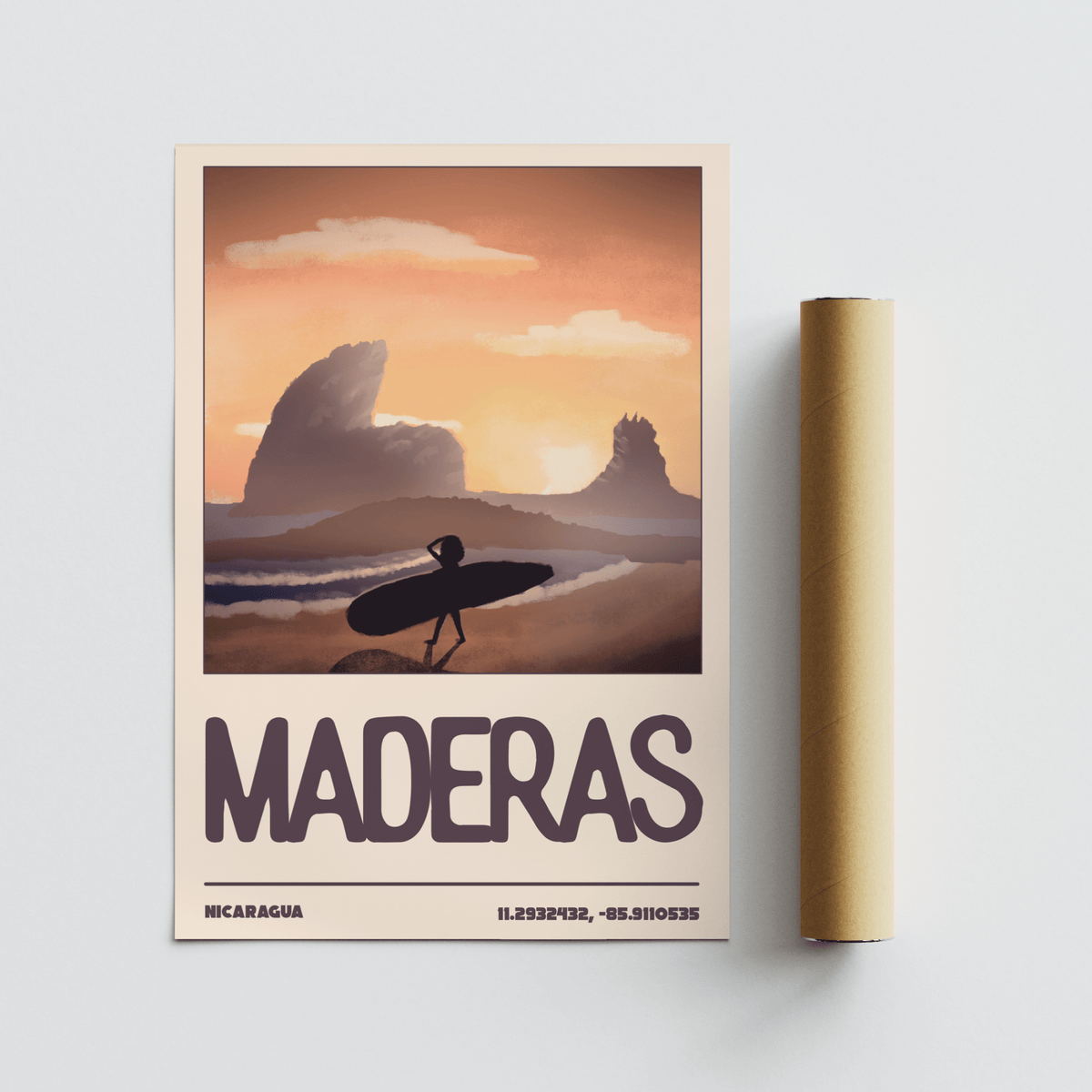 Wide format shore view with surfer silhouette and crisp destination typography