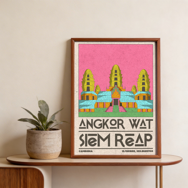 Angkor Wat Art print displaying layered roofline and central stairway in muted colors