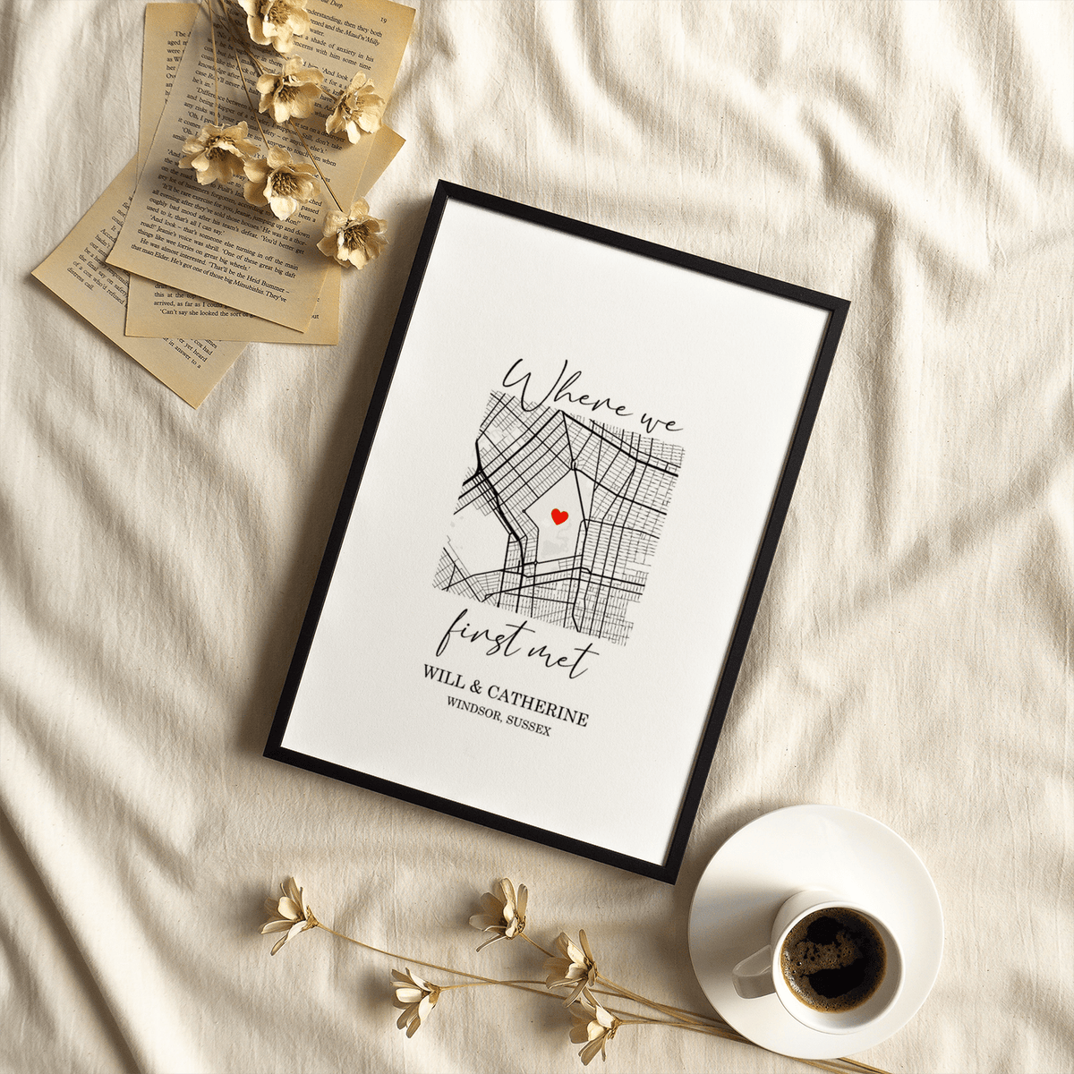 Heart on Map Print artwork in Black and White map, Red accent for hallway