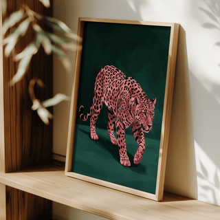 Unique Pink Leopard Wall Art print, pink and black details stand out in living area