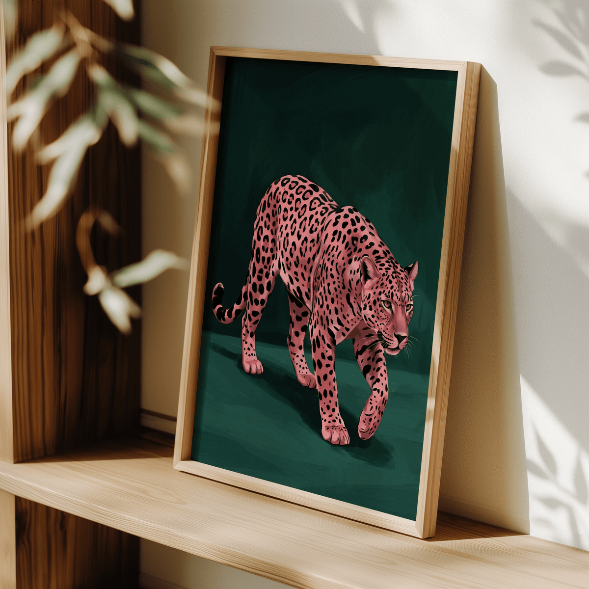 Unique Pink Leopard Wall Art print, pink and black details stand out in living area