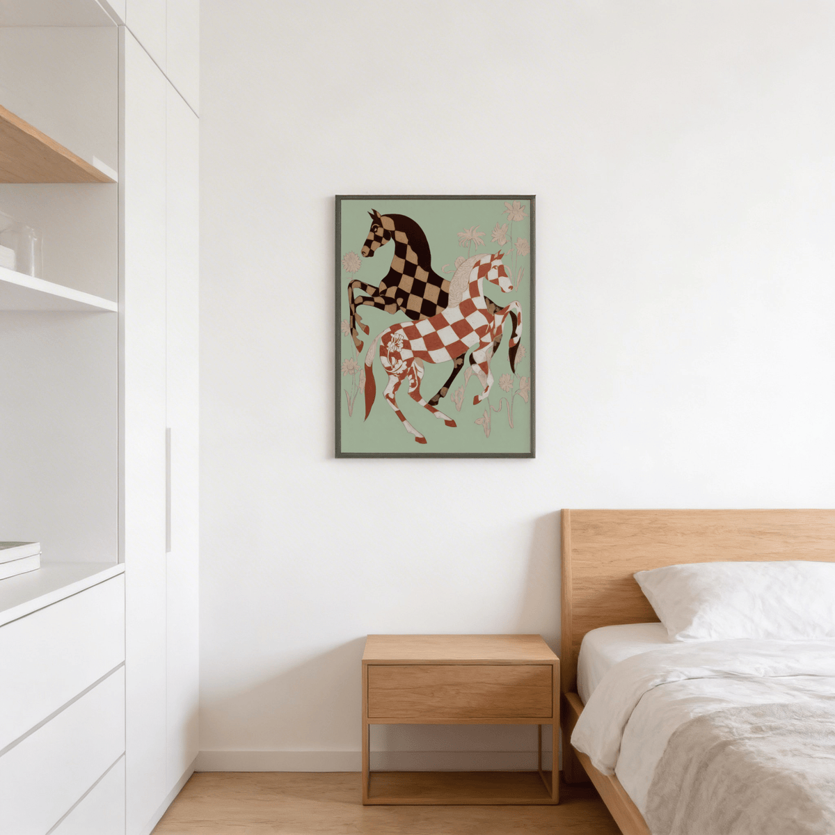 Art print poster of two stylized horses with checker pattern and botanical outlines