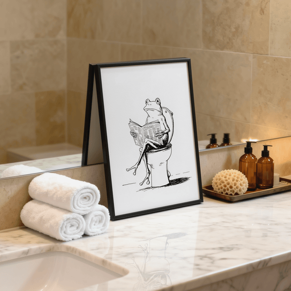 Sketch-style print featuring a frog seated on a toilet, central motif with wide white space