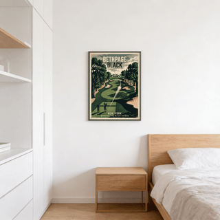 Vintage sports poster style illustration of a New York golf hole