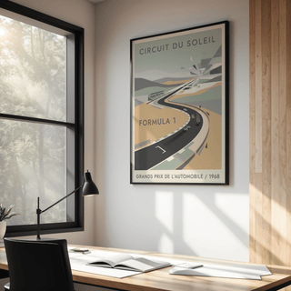 Graphic motorsport wall art poster showing long circuit curve and bold typography
