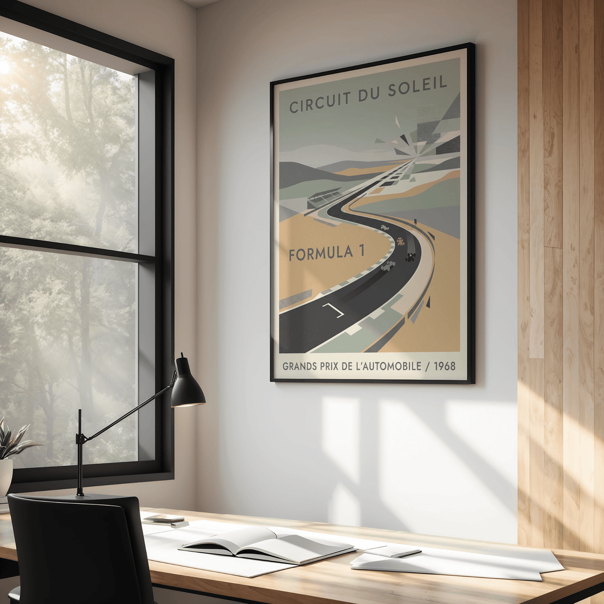 Graphic motorsport wall art poster showing long circuit curve and bold typography