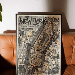 Street-map style New York Graffiti Poster showing borough names and route lines in Gray and Black