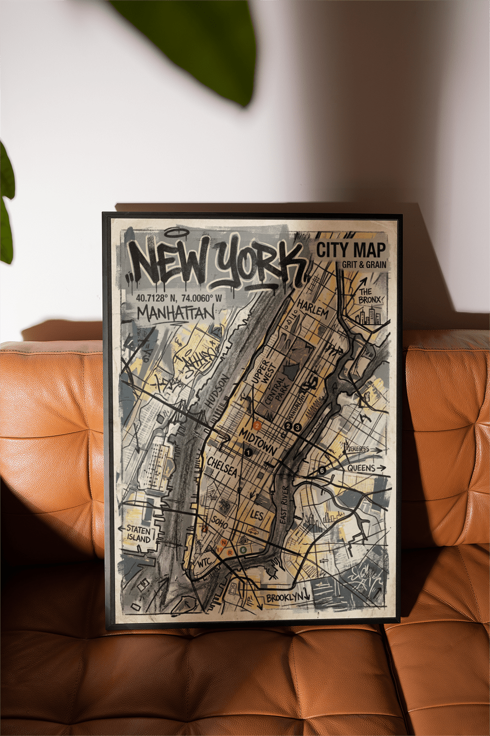 Street-map style New York Graffiti Poster showing borough names and route lines in Gray and Black