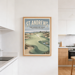 Detailed golf course poster with bunker shapes, putting green, and distant skyline