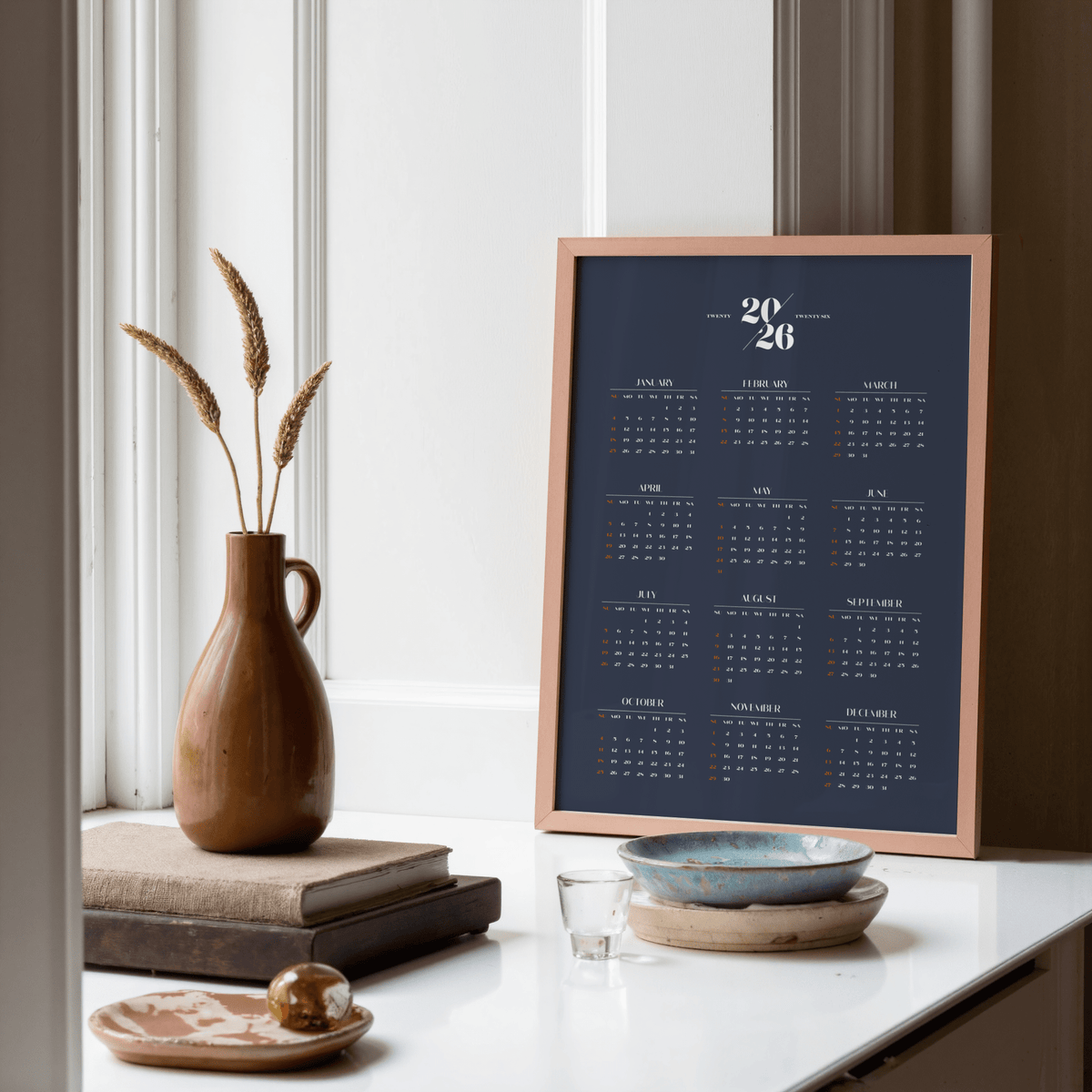 Minimalist Calendar with Blue and White tones for creative workspace