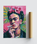 Bold Frida Kahlo painting print with cigarette, flowers, and layered colours.