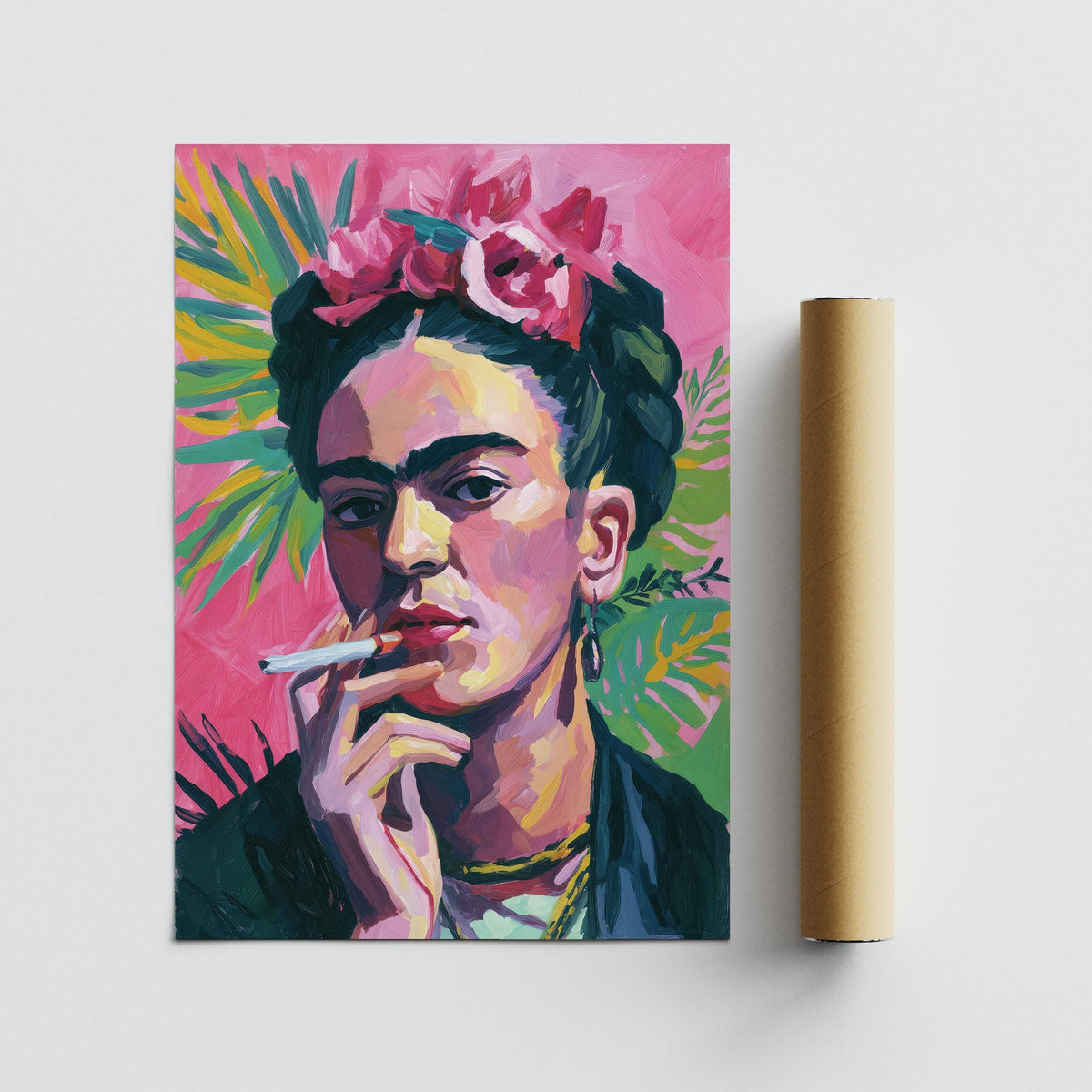 Bold Frida Kahlo painting print with cigarette, flowers, and layered colours.