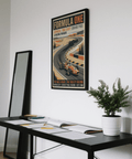Track corner detail wall art print with barrier stripes and asphalt curve from the racing poster design