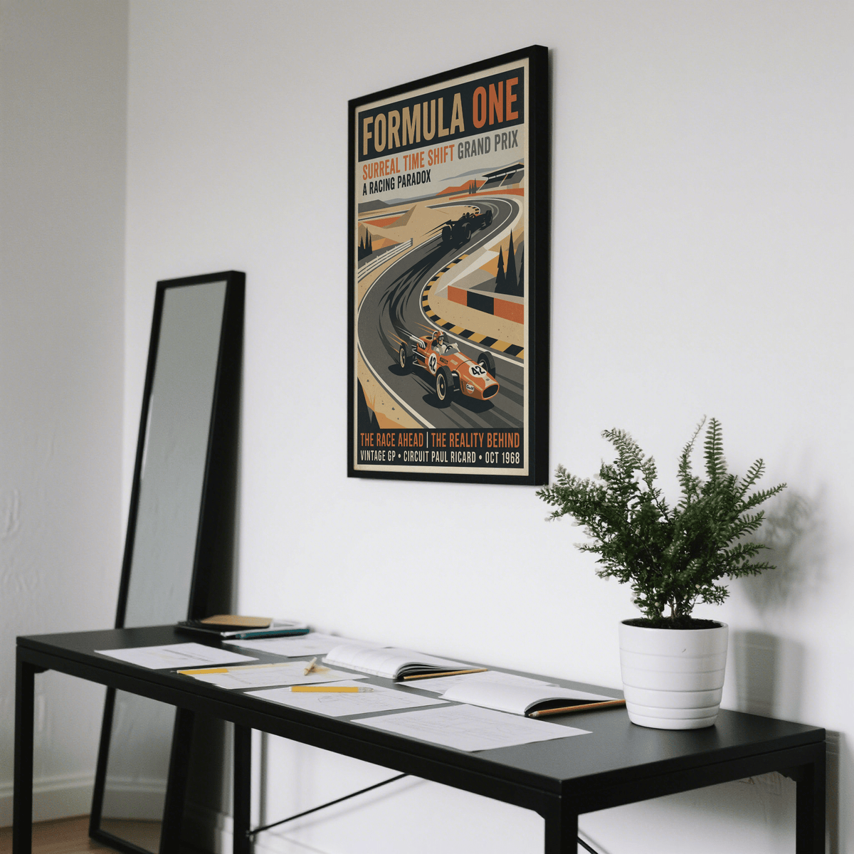 Track corner detail wall art print with barrier stripes and asphalt curve from the racing poster design