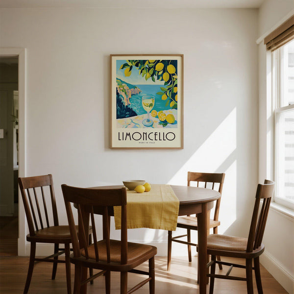 Retro limoncello art print with lemons and cliffside coast