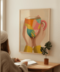 Colorful Coffee Mug Art print in teal, orange, and beige for coffee bar decor