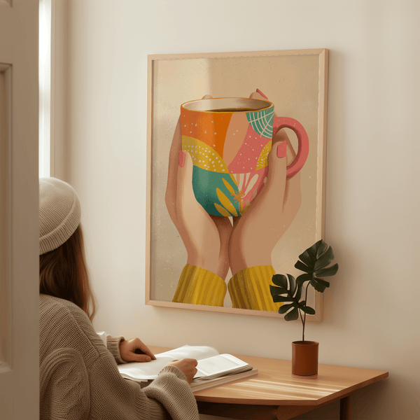 Colorful Coffee Mug Art print in teal, orange, and beige for coffee bar decor