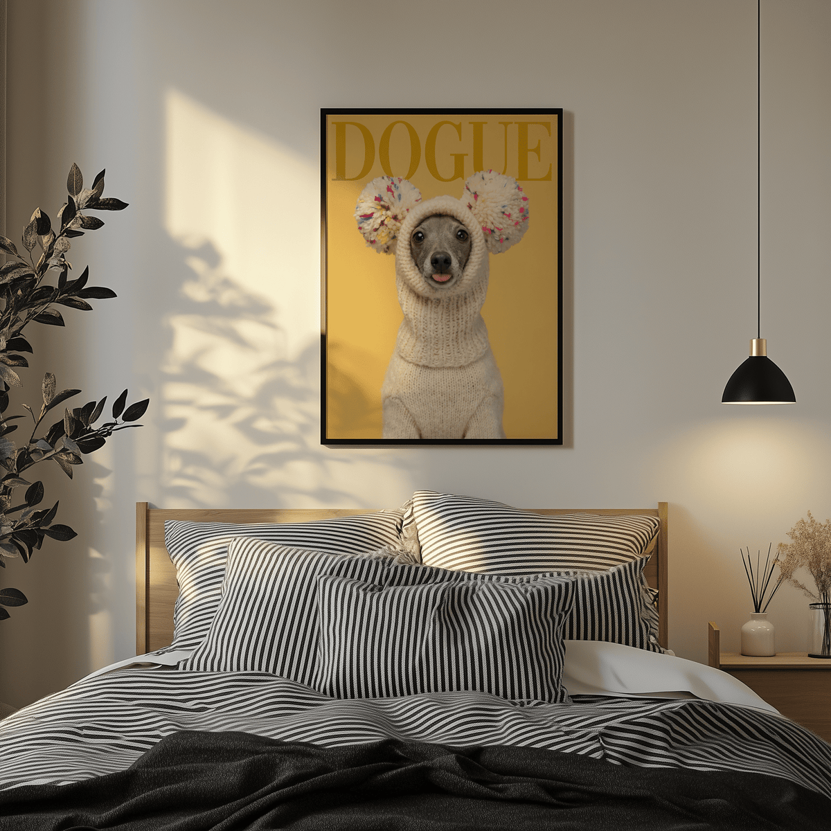 Living room Funny Dog Wall Art in gray and white art print style