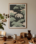 Stylish Japanese Crane Art Print with black and yellow accents for hallway decor
