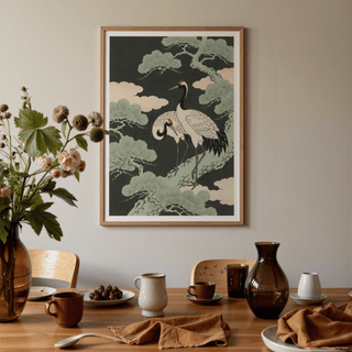 Stylish Japanese Crane Art Print with black and yellow accents for hallway decor