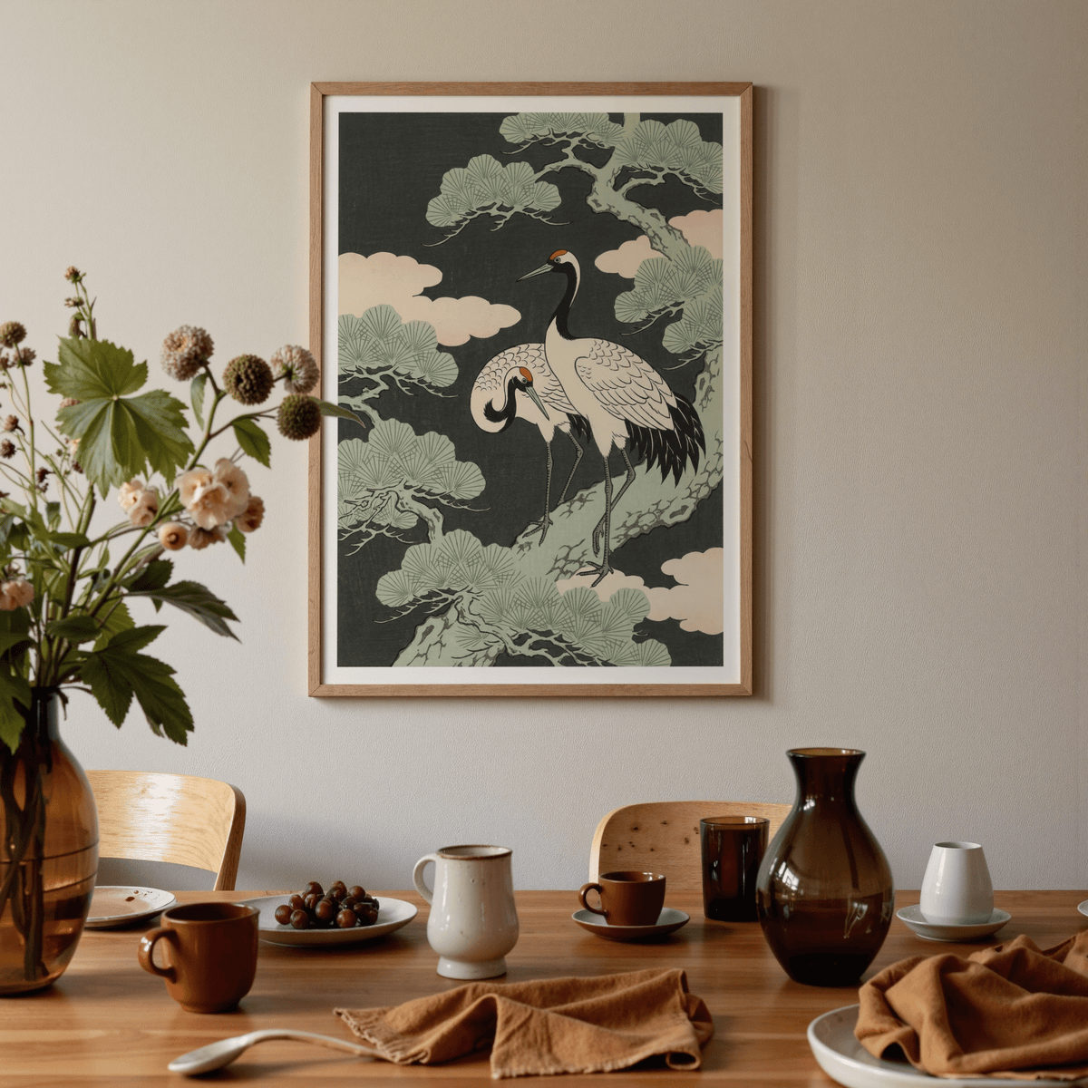 Stylish Japanese Crane Art Print with black and yellow accents for hallway decor