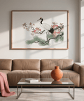 Close-up Crane Cherry Blossom Art Print showing crane feathers and blossoms on branch