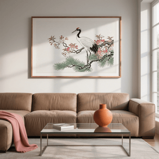 Close-up Crane Cherry Blossom Art Print showing crane feathers and blossoms on branch