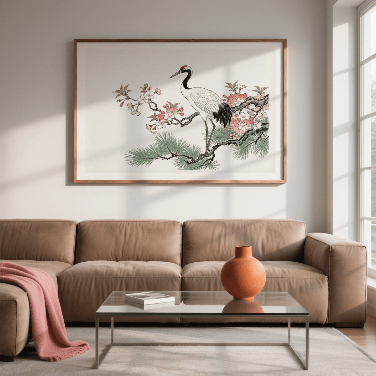 Close-up Crane Cherry Blossom Art Print showing crane feathers and blossoms on branch