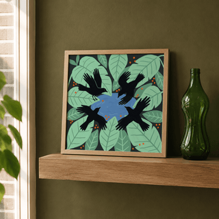 Minimal graphic wall art print of crows surrounding a pond with bold flat shapes