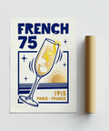 French 75 Art Print featuring bold yellow and blue hues for home bar