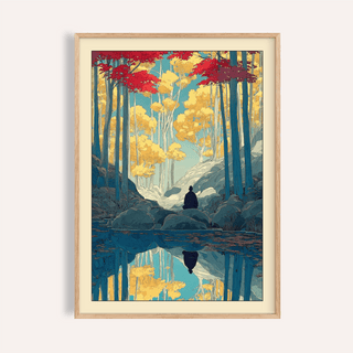 Serene woodland poster with seated figure by reflective river, Zen Forest Art Print