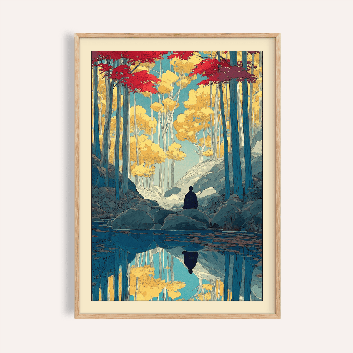 Serene woodland poster with seated figure by reflective river, Zen Forest Art Print