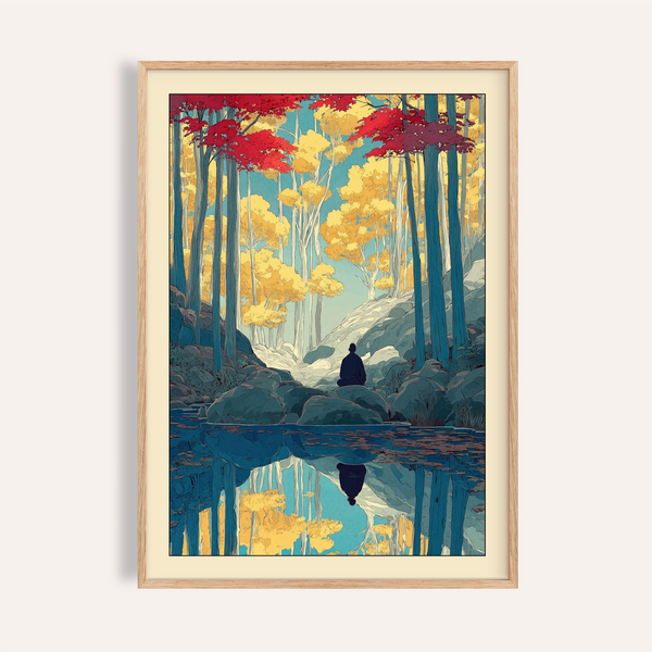 Serene woodland poster with seated figure by reflective river, Zen Forest Art Print