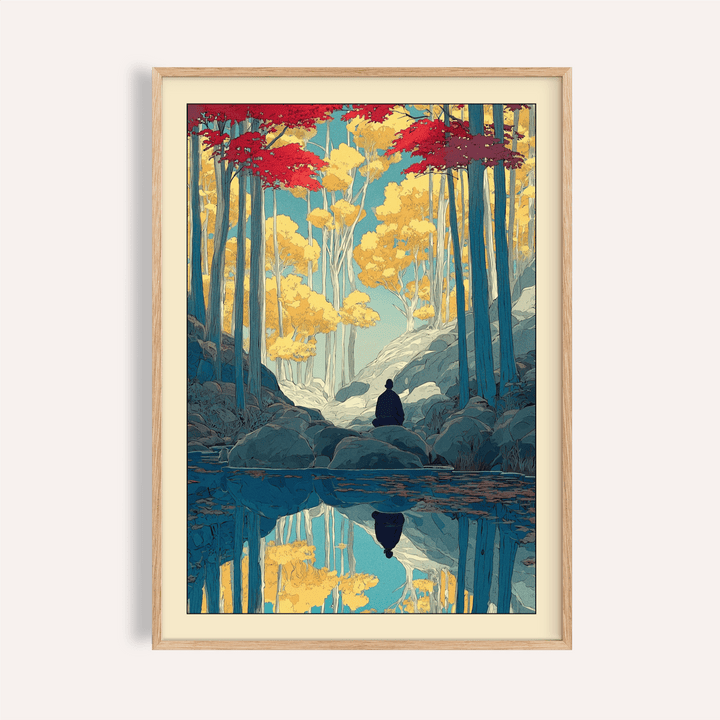 Serene woodland poster with seated figure by reflective river, Zen Forest Art Print