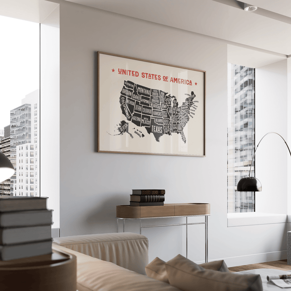 Beige and Black US Map Poster, perfect for study room wall decor
